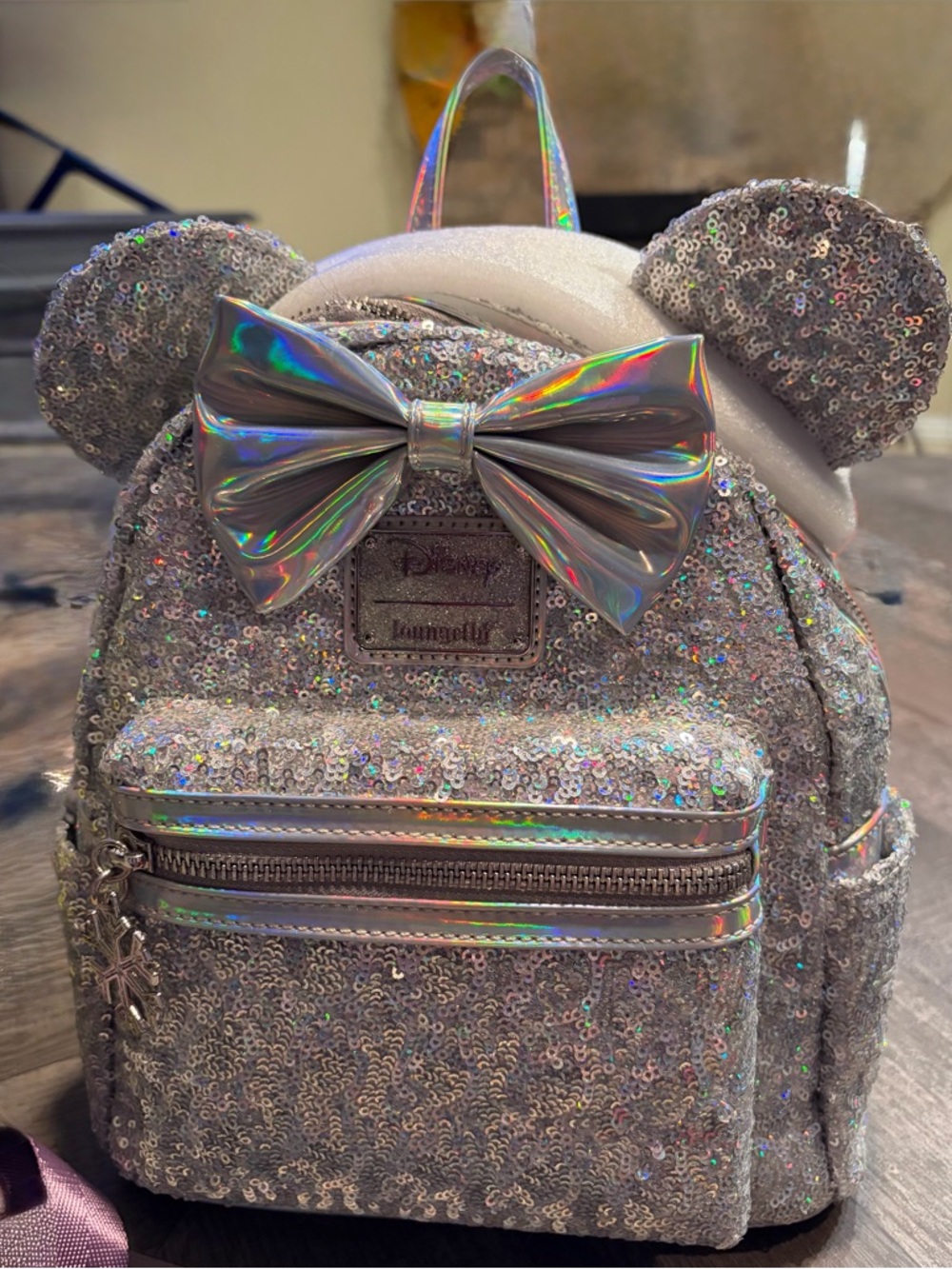 Loungefly Kids' Silver Holographic Sequin Minnie Ear Mini Backpack